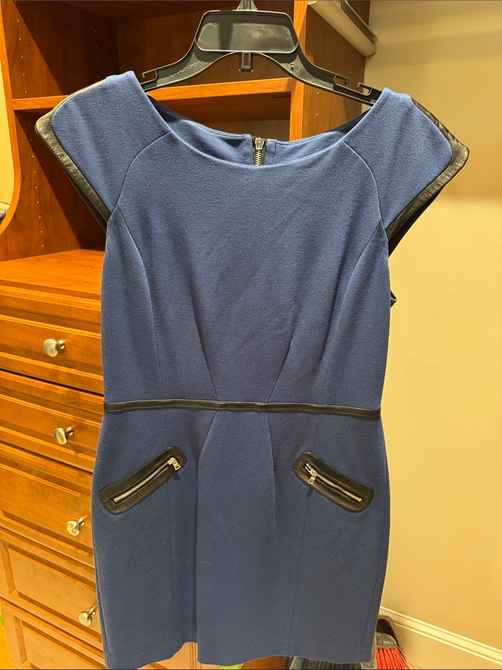 Navy Cap-Sleeve Mini Dress with Faux-Leather Trim